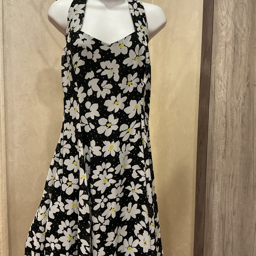 Merlin Monroe style Black Silk Dress with White Flowers open back